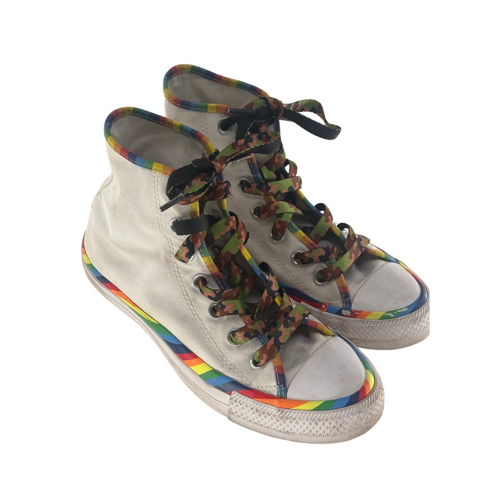 Converse Sneakers High Top White Rainbow Pride Camouflage Laces Women Size 7